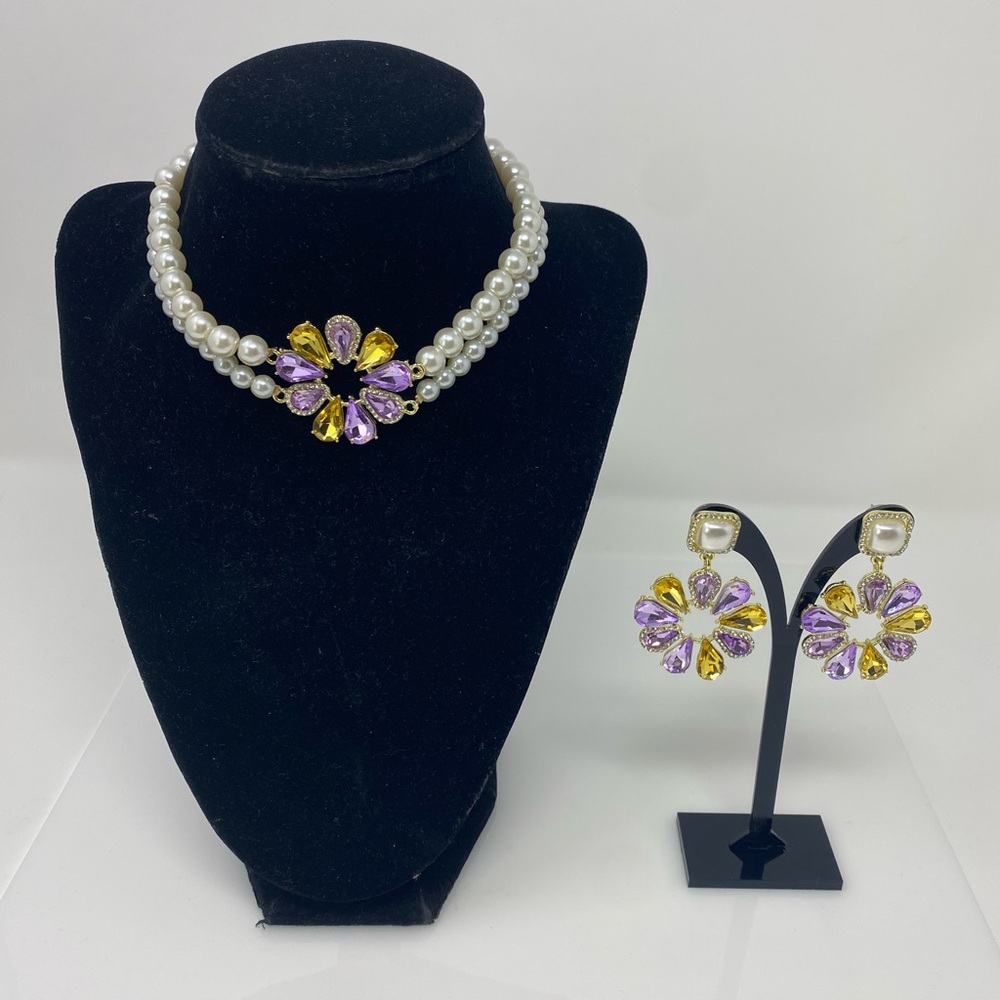 Elegant Pearl Necklace and Earring Set with Purple and Gold Accents